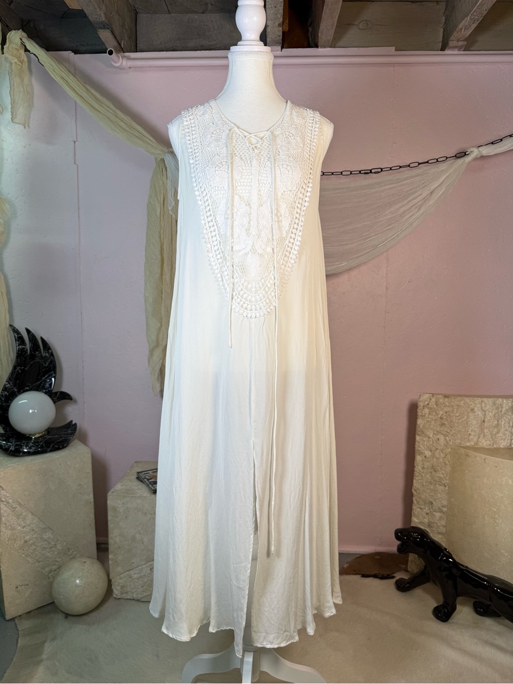 100% Silk Ivory Crochet Lace Maxi Dress Size S